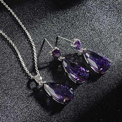 Wedding Jewelry Set for Bridesmaids - Sterling Silver Teardrop CZ Crystal Cubic Zirconia Rhinestone Diamond Bridal Necklace Earrings Set for Bride Mother of Bride Party Prom Birthstone Costume Jewelry - color: Feb-Amethyst