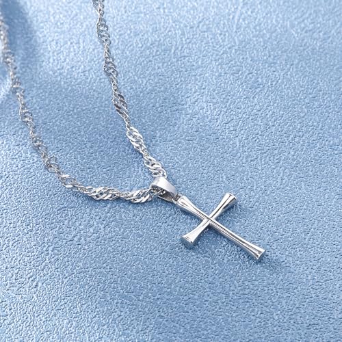 Small Cross Pendant Necklace for Women, 18" + 2" Wave Chain Stainless Steel - color: Silver