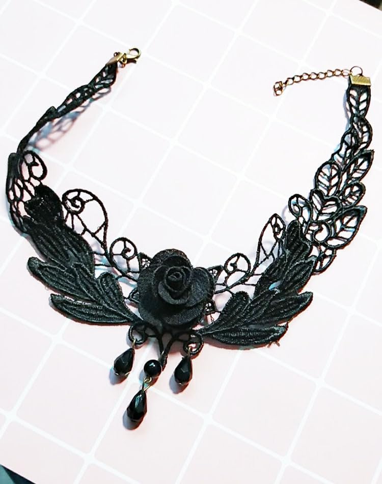 Goth Black Choker Necklace Crystal Bead Pendant Necklace for Women Gothic Velvet Lace Choker Halloween Vampire Witch Cosplay - color: D-Black