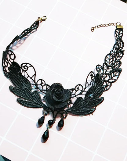 Goth Black Choker Necklace Crystal Bead Pendant Necklace for Women Gothic Velvet Lace Choker Halloween Vampire Witch Cosplay - color: D-Black