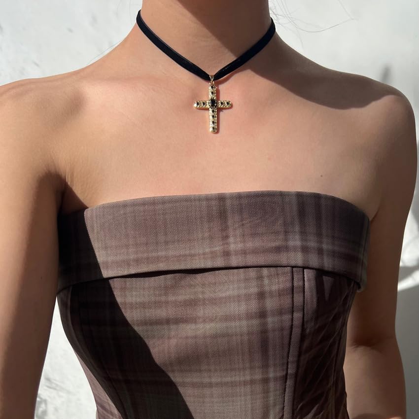 Gothic Velvet Choker Black Rhinestone Cross Pendant Necklace for Women Punk Vintage Suede Ribbon Collar Cubic Zirconia Crucifix Charm Adjustable Halloween Party Witch Cosplay Accessories Goth Jewelry
