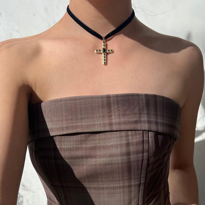 Gothic Velvet Choker Black Rhinestone Cross Pendant Necklace for Women Punk Vintage Suede Ribbon Collar Cubic Zirconia Crucifix Charm Adjustable Halloween Party Witch Cosplay Accessories Goth Jewelry