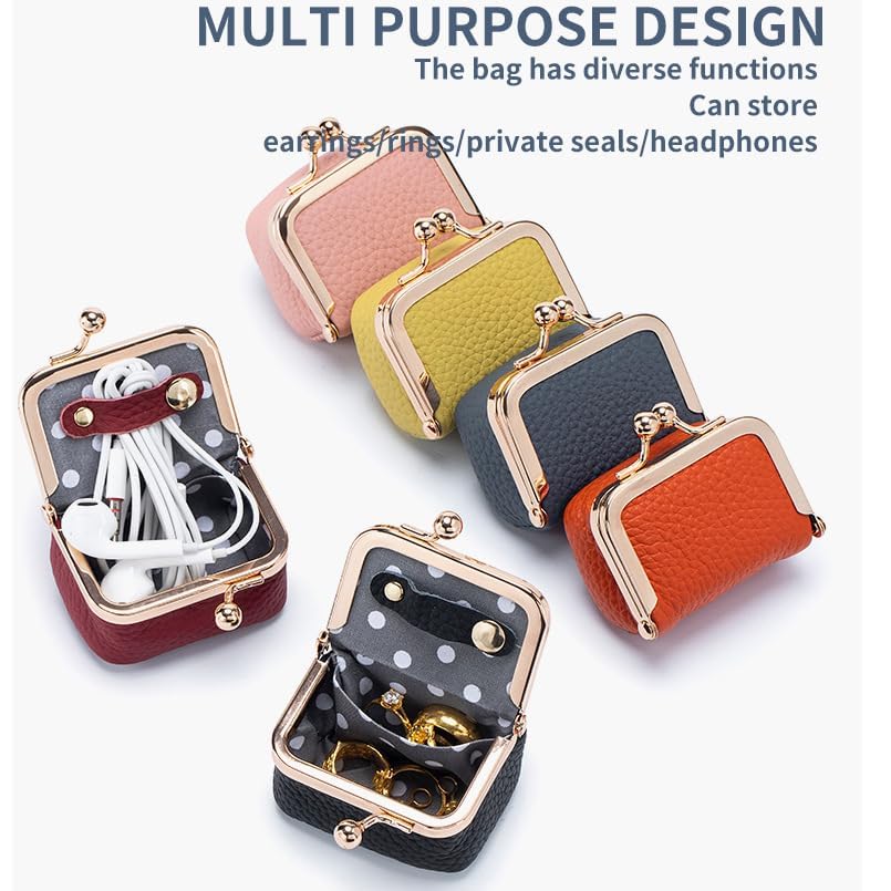 Genuine Leather Mini Jewelry Box & Coin Purse for Women, Travel Jewelry Case with Kiss Lock, Holds Earrings, Rings, Necklace, Bracelet, Coins (Blue-L 2.95in) - color: Blue-L 2.95in
