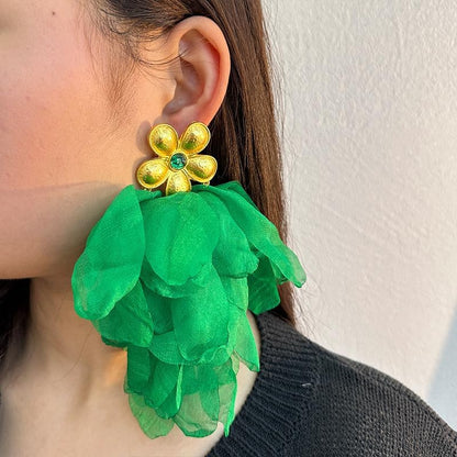 Fabric Flower Earrings for Women Colorful Long Tassel Floral Drop Earrings Fashion Boho Exaggerated Statement Beach Party Jewelry - color: E-874-Green