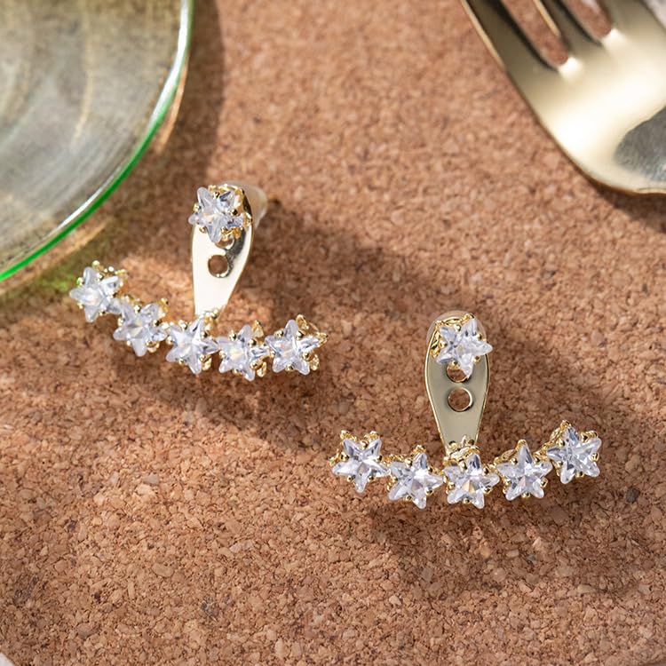 Rhinestone Star Jacket Statement Earrings for Women,14K Gold Cubic Zirconia Climber Stud Jewelry Party Prom Fashion Cartilage Earring Gifts - style: AA