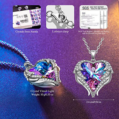 Kate Lynn Angel Wings Heart Necklaces for Women, White Gold Plated - color: Purple Light