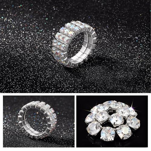 Sparkling Rhinestone Ring Set Trendy Elastic Rhinestone Crystal Stretch Ring Stackable Jewelry for Women Girls - color: 3 Rows Ring-Colorful A