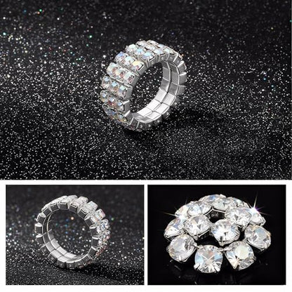 Sparkling Rhinestone Ring Set Trendy Elastic Rhinestone Crystal Stretch Ring Stackable Jewelry for Women Girls - color: 3 Rows Ring-Colorful A