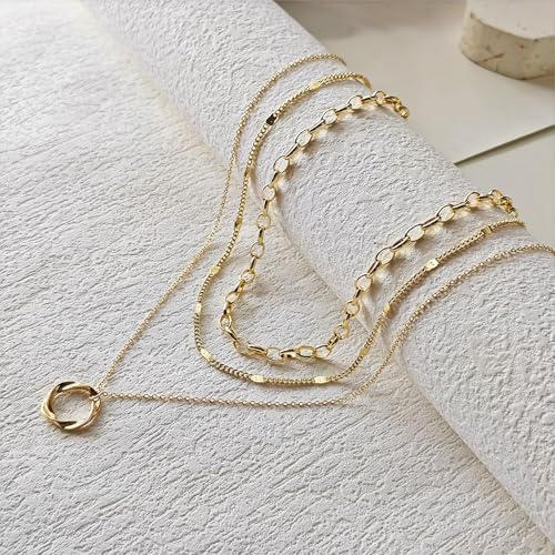 Airmb Gold Layered Necklaces for Women 14k Gold Plated Dainty Stackable Choker Necklaces for Women Trendy Layering Chain Cute Pendant Necklace Set Gold Jewelry for Women - color: 3PCS-Circle-Gold