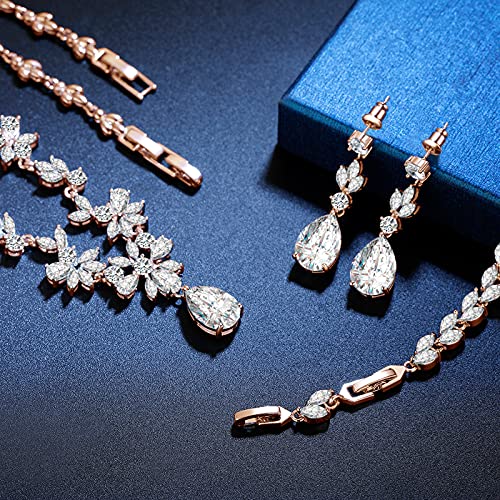 GULICX Wedding Jewelry for Bride, Silver Bridal Necklace Earrings Bracelet Set with Clear Cubic Zirconia, Bridemaids Jewelry Set for Wedding, Crystal Wedding Party Jewelry Set for Women Girls - color: Rose gold Plated