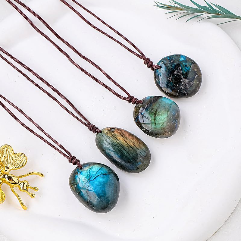 Natural Labradorite Pendant Necklace Healing Crystal Stone Holder Necklace with Adjustable Cord for Women Men， about 13.78~17.72 inch