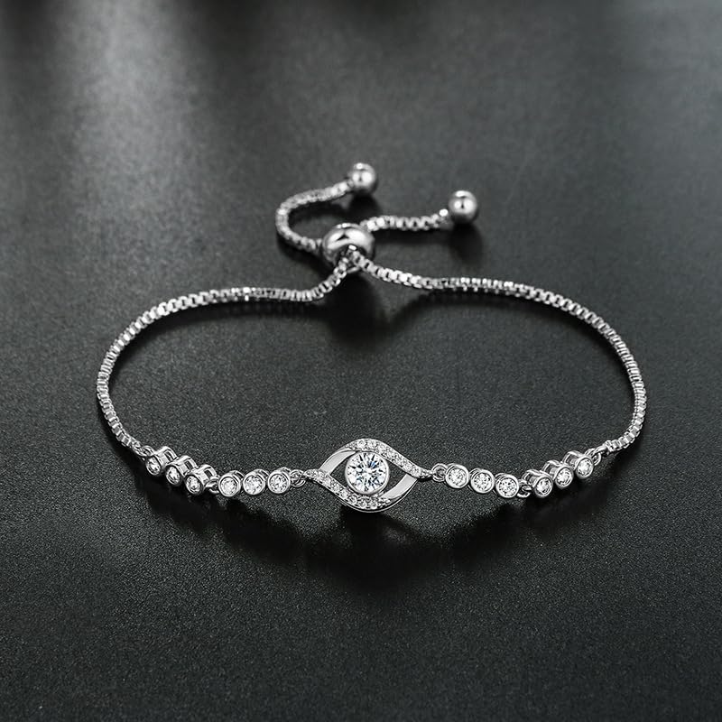 Solid 14K Gold Over 925 Silver Moissanite Evil Eye Bracelet for Women,Dainty Round Cut Moissanite Devil’s Eye Chain Bracelet,Lucky Jewelry Gift for Her,Adjustable 8" to 9" - color: White Gold