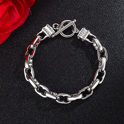 H&Beautimer Solid 925 Silver Bracelet Italian Handmade 0.35/0.4 Inch Box Chain Bracelet for Men's 7,7.5,8,8.5,9,9.5,10 Inch Hip Hop Style Jewelry - color: Oval, size: 8 inches
