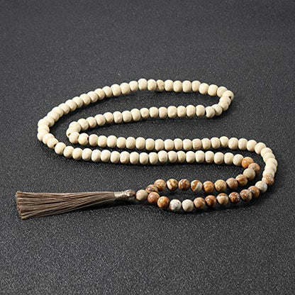 8MM Semi-Precious Gem Stones Wood Mala Bead Necklace | Multicolor Long Tassel Charms Chain Necklace,Handmade Beaded Pendant Necklace for Women Men - color: Wooden+Picture Jasper