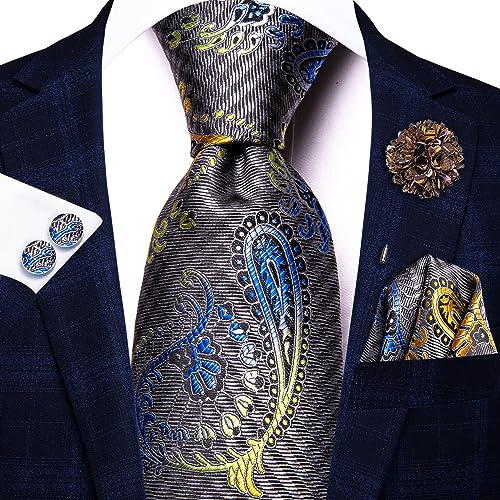 Hi-Tie Men's Silk Ties Formal Woven Classic Necktie Pocket Square Cufflinks Lapel Pin Set Wedding Business - color: A Grey and Blue