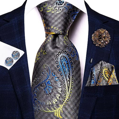 Hi-Tie Men's Silk Ties Formal Woven Classic Necktie Pocket Square Cufflinks Lapel Pin Set Wedding Business - color: A Grey and Blue