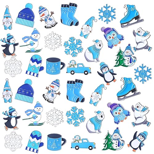 Giegxin 40 Pcs Winter Pins Bulk Snowflake Snowman Blue and White Brooch Holiday Lapel Pin Polar Bear Penguin Jewelry for Backpack Clothes Bags Accessories Gifts - style: Snowflake