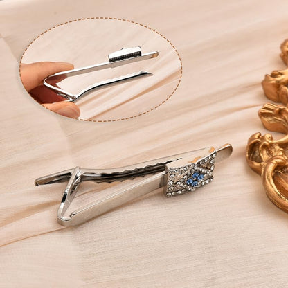 Tuxedo Studs Rhinestone Tie Clip for Men French Cuff Links Tie Bar Clip Suit Shirt Accessories for Men Wedding Business Crystal Cufflinks Necktie Clips - color: Silver-B