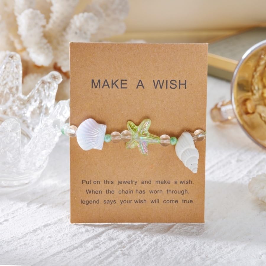 Handmade Natural Shell Starfish Beads Bracelets with a Wish Card Bohemia Sweet Seashell Conch Pearl Charm Bracelets for Women Boho Sea Themed Summer Beach Surfer Vacation Jewelry Gifts - style: StyleB