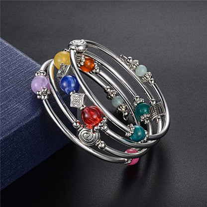 Beaded Pearl Bangle Wrap Bracelet - Fashion Bohemian Jewelry Multilayer Charm Bracelet with Thick Silver Metal Beads, Gift For Women - color: Colorful