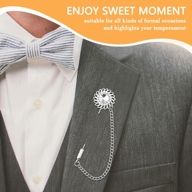 Mens Sunflower Lapel Pin Crystal Rhinestone Brooches for Men Hanging Chain Brooch Suit Pin Flower Lapel Pins for Men Wedding Business Party - color: White-J