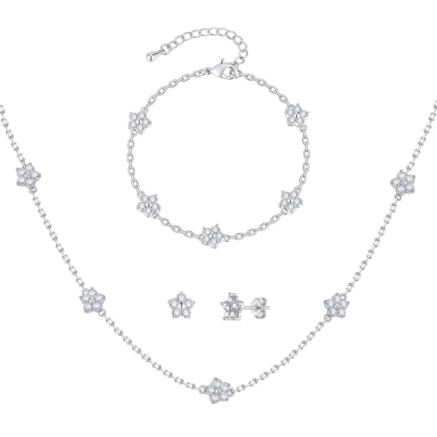 KSF CZ Clover Jewelry Set for Women Necklace Bracelet Earrings Birthday Gift - color: Silver-Flower