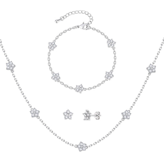 KSF CZ Clover Jewelry Set for Women Necklace Bracelet Earrings Birthday Gift - color: Silver-Flower