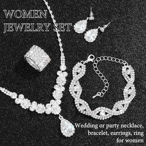 Rhinestone Jewelry Set Crystal Pearl Necklace Bracelet Earrings | Sparkly Necklace Dangle Earrings,Wedding Prom Formal Costume Jewelry Sets for Women - color: Silver1