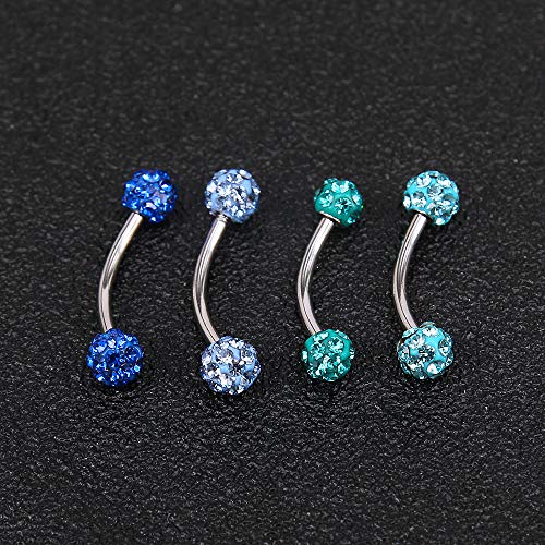 ZS 16 Gauge Eyebrow Rings Curved Barbell 4mm Crystal Ball Belly Button & Nipple Rings - color: Sky blue 2pcs
