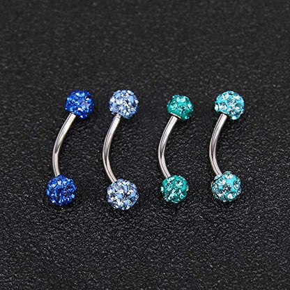 ZS 16 Gauge Eyebrow Rings Curved Barbell 4mm Crystal Ball Belly Button & Nipple Rings - color: Sky blue 2pcs