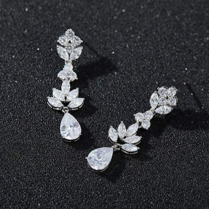SWEETV Teardrop Wedding Earrings for Brides Birdesmaid | Crystal Cubic Zirconia Bridal Drop Earrings for Women Prom - color: Silver