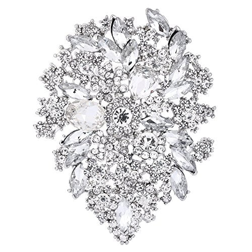 EVER FAITH Women's Austrian Crystal Vintage Style Flower Leaf Cluster Brooch Pendant - color: Clear Silver-Tone