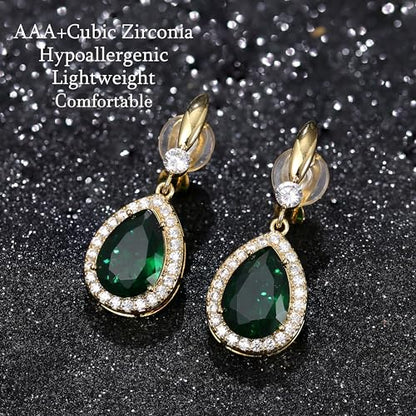 THUNARAZ Clip on Dangle Earrings for Women, Rhinestone Wedding Prom Jewelry | Clip Earrings Non-Pierced, Teardrop Dangle Earrings, Crystal Drop Earrings, Elegant Rhinestone Jewelry for Bride Bridesmaid - color: Gold Tone/Green Stone