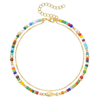 KELORIS PATH Beaded Ankle Bracelets for Women, Fish Charm Anklet | Layered Bead Anklets Stack with 14K Gold Plated Fish Pendant, Adjustable Summer Beach Waterproof Jewelry Gift for Her - color: Rainbow