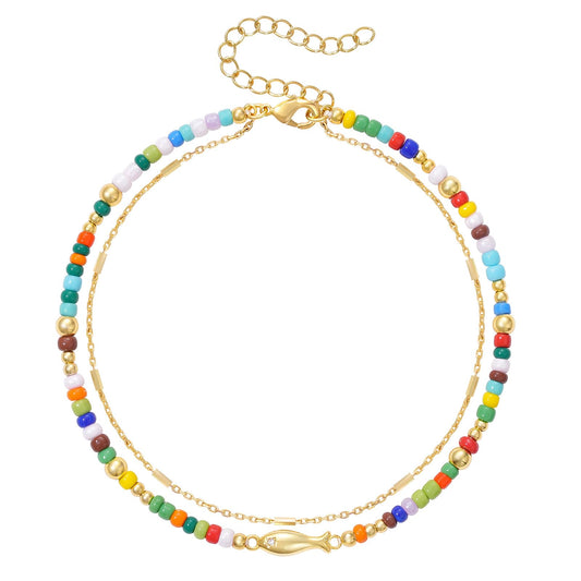 KELORIS PATH Beaded Ankle Bracelets for Women, Fish Charm Anklet | Layered Bead Anklets Stack with 14K Gold Plated Fish Pendant, Adjustable Summer Beach Waterproof Jewelry Gift for Her - color: Rainbow