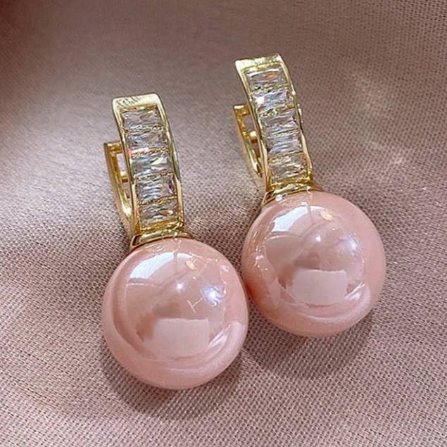 Pink Faux Pearl Drop Hoop Earrings for Women, Elegant High-End Cubic Zirconia Accent Dangle Earrings, Trendy Daily & Party Jewelry - color: Pink, size: Medium