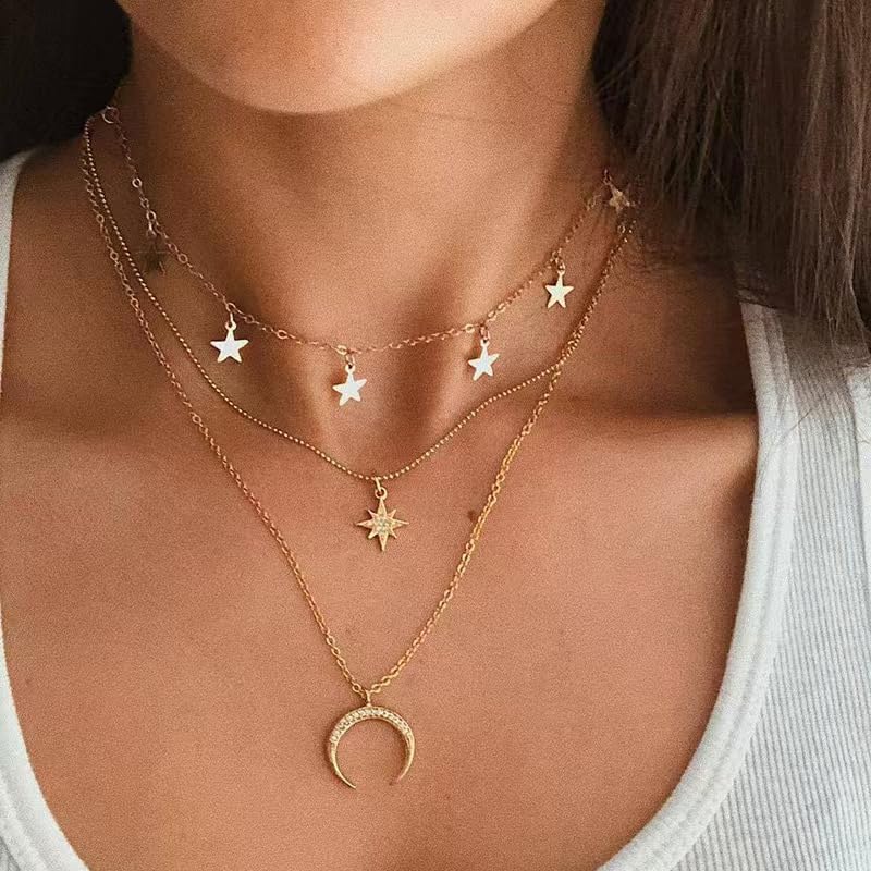 3 Layer Star Moon Pendant Necklace for Women, Gold Layered Crescent Moon Choker, Dainty Y2K Stackable Jewelry