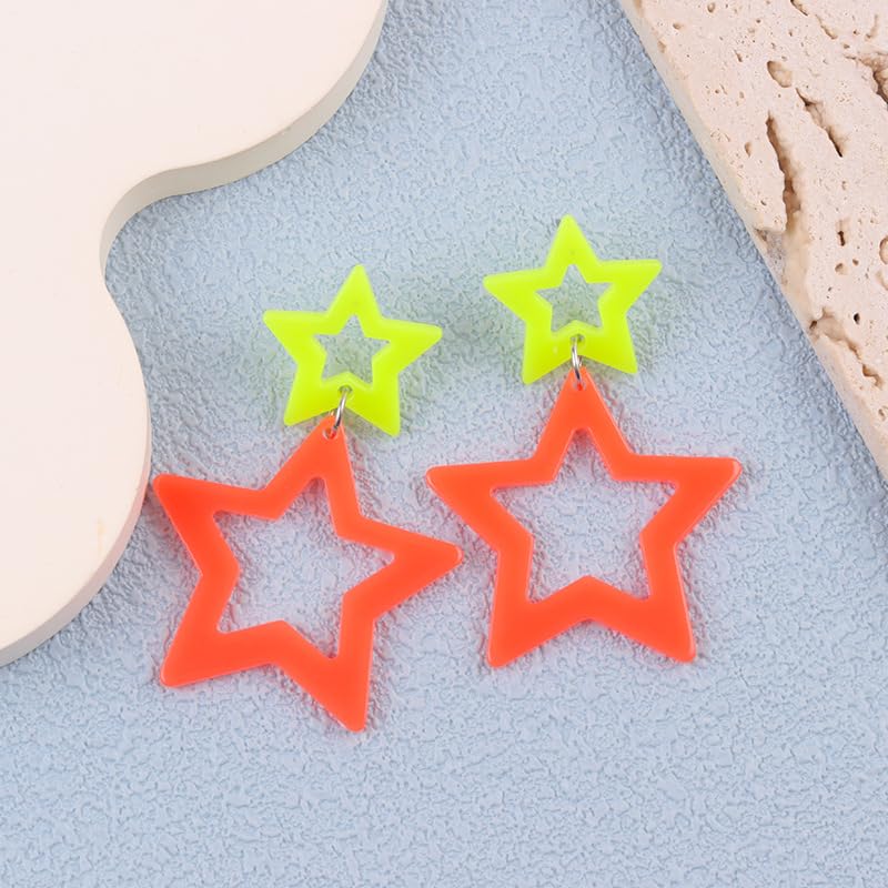 Colorful 80s 90s Neon Star Earrings for Women Retro Glow Party Costume 80s 90s Acrylic Dangle Earrings Outfit - style: Symmetrical Yellow and Orange