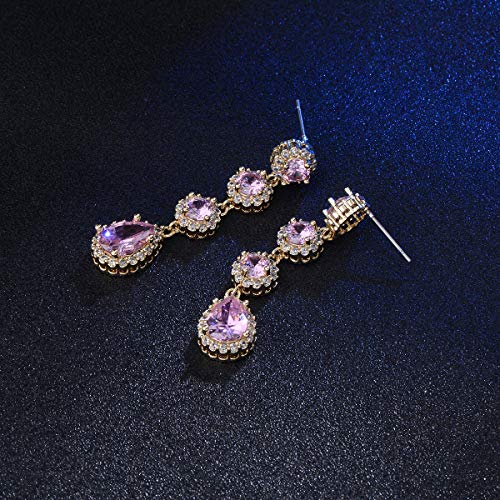 Women's Cubic Zirconia Bridal Earrings - Elegant Long Wedding Party Prom Earring for Bride Bridesmaids Crystal CZ Rhinestone Chandelier Statement Dangle Drop Earrings for girls - color: Pink-gold