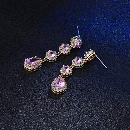 Women's Cubic Zirconia Bridal Earrings - Elegant Long Wedding Party Prom Earring for Bride Bridesmaids Crystal CZ Rhinestone Chandelier Statement Dangle Drop Earrings for girls - color: Pink-gold
