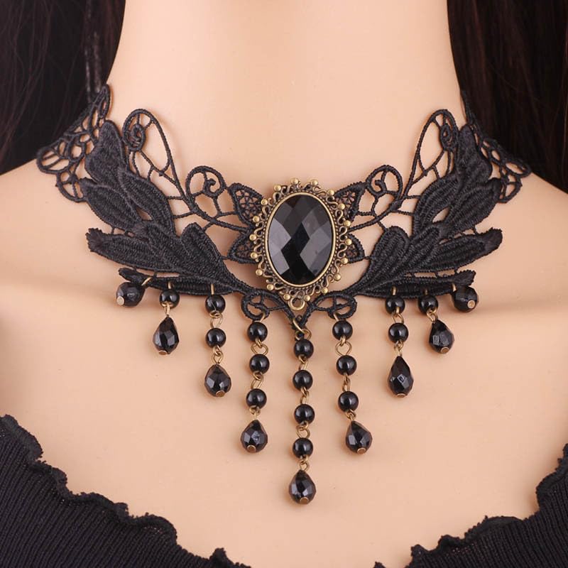 Goth Black Choker Necklace Crystal Bead Pendant Necklace for Women Gothic Velvet Lace Choker Halloween Vampire Witch Cosplay - color: G-Black