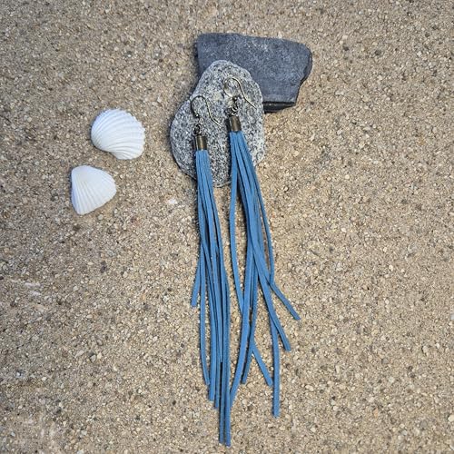 Handmade Genuine Leather Earrings for Women – Long Teardrop Boho Dangles, Lightweight Statement Fashion Jewelry - style: Springs-Turquoise Blue