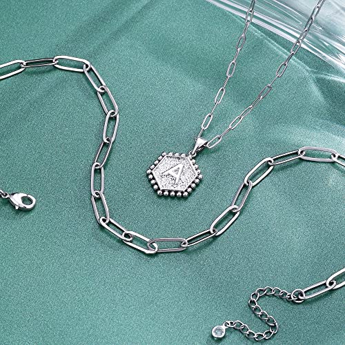 M MOOHAM Dainty Initial Necklaces for Women, 14K-Gold-Plated Layering Necklace for Women Cute Hexagon Letter Initial Necklace Layered Necklaces for Womens Teen Girl Gifts - color: Silver Plated, style: L