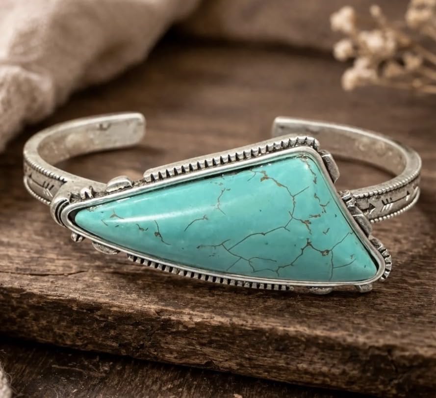 Isac Turquoise Stone Cuff Bracelet, Silver-Tone, Triangle Shape, Boho Western Style, Engraved Band