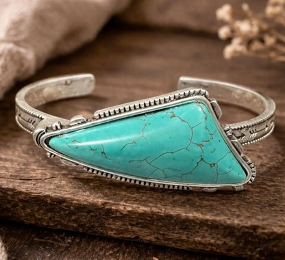 Isac Turquoise Stone Cuff Bracelet, Silver-Tone, Triangle Shape, Boho Western Style, Engraved Band