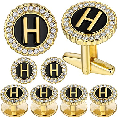 HAWSON 18K Gold Tone Initial Cufflinks for Men with Tuxedo Studs - Gift Boxed, Stylish Men's Jewelry Accessories for Weddings, Birthdays, Anniversaries, Father's Day - color: H-Cufflinks & Studs Set