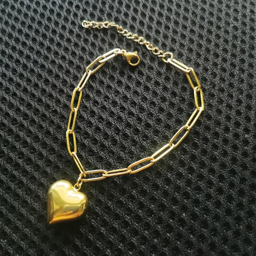 Stainless Steel Puffy Heart Charms Paperclip Chain Bracelet | Paper Clip,for Women,Love - color: 18K Gold Color
