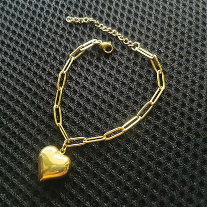 Stainless Steel Puffy Heart Charms Paperclip Chain Bracelet | Paper Clip,for Women,Love - color: 18K Gold Color