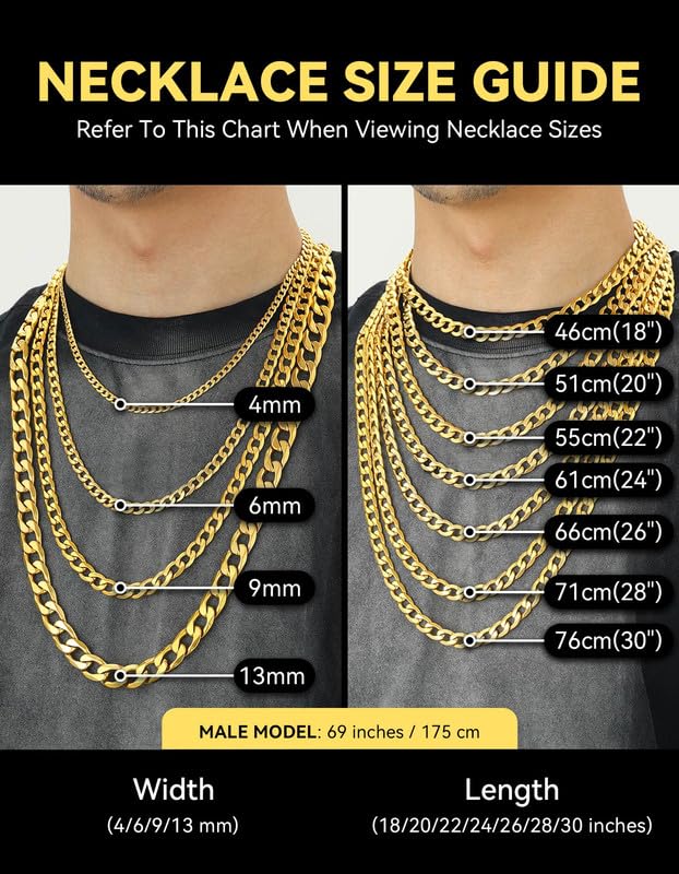 ChainsHouse Stainless Steel Cuban Link Chain Necklace for Mens Jewelry | 4mm/6mm/9mm/13mm Width Flat Cuban Chain, Black/14K Gold Plated Hip Hop Jewelry Mens Necklace 14"-30" Length with Gift Box