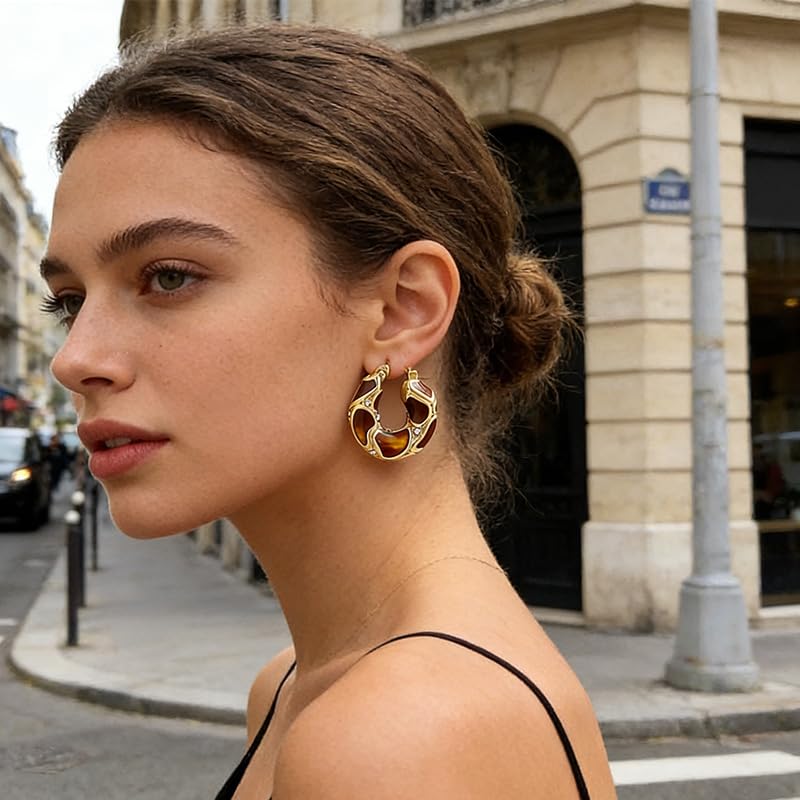 3 Pairs Amber Jewelry Boho Brown Earrings for Women Chunky Amber Earrings | Boho Brown Earrings Chunky Amber Earrings Vintage Resin Beaded Loop Earring, Boho Accessories Vintage Jewelry Gifts ﻿